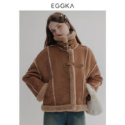 EGGKA 立领皮扣皮毛一体机车短外套女冬季2023新款小个子夹克外套 咖色 S