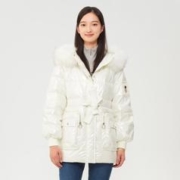 冰洁BENGEN 女式时尚中长款腰带羽绒服免洗亮面大毛领保暖外套