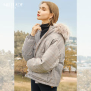 MEETLADY 米莱达 格纹派克羽绒服女中长款大毛领冬装保暖外套