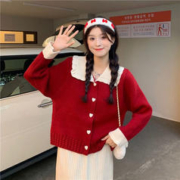 BTTKDL 红白撞色娃娃领针织衫女秋冬2023新款甜美减龄加厚爱心扣子毛衣 红色