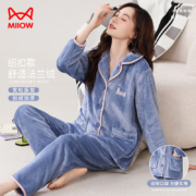 猫人女冬季法兰绒加厚保暖翻领开衫式睡衣 麦蓝