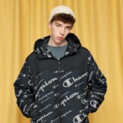 限尺码：Champion 保暖满印草写LOGO连帽羽绒服