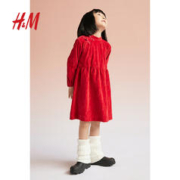 H&M HM童装女童裙子2023冬季圣诞舒适柔软兔子压花丝绒连衣裙1133020
