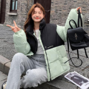 美茵曼丽 洋气减龄短款羽绒棉服女2023韩版冬季新款学院风棉衣立领撞色外套