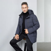 雪中飞 男式时尚连帽中长款羽绒服秋冬户外通勤保暖防风抗寒大口袋羽绒服