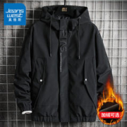 JEANSWEST 真维斯 夹克外套男士秋冬季加绒加厚保暖连帽防风夹克男装冲锋衣男 黑色