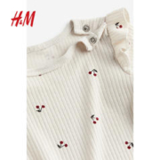 H&M HM童装女婴套装2件式冬季罗纹棉质汗布纯色长袖上衣长裤0867135