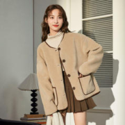 TONLION 唐狮 冬季新款仿羊羔毛外套女秋冬美拉德温柔慵懒风仿麂皮绒女上衣
