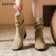 DAPHNE 达芙妮 西部牛仔堆堆靴子女2023新款秋复古绒面短靴粗跟马丁靴女鞋