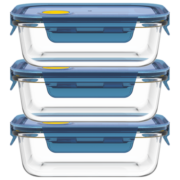 乐唯诗（NERVISHI）高硼硅玻璃饭盒微波炉专用保鲜盒饭盒套装便当盒带盖餐盒加热保温 蓝盖【400ml*3】