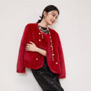 SENTUBILA 尚都比拉 冬季时尚优雅圆领双排扣压花工艺小个子洋气外套 复古红 M