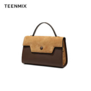 TEENMIX 天美意 包包女包凯莉包复古单肩斜挎包撞色手提包 卡其色