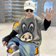 啪吡熊（PAPIBEAR）儿童春秋款2023新款潮牌炸街大男童装假两件t恤卫衣男孩长袖上衣 白色 120
