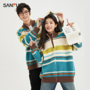 SANFU 三福 针织开衫2023冬季新款男复古条纹美拉德宽松毛衣外套情侣装女