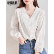 莎妮朵罗大码女装衬衫女宽松胖妹妹秋装胖mm蕾丝V领T恤女小香风上衣17429 白色 XL建议115-130斤穿着