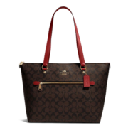 蔻驰（COACH）女士大号单肩手提包托特包深卡其色/红色79609IMRVQ