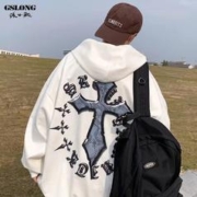 GSLONG 港士龙 潮牌街头个性十字架印花连帽卫衣男宽松bf秋冬季加绒加厚