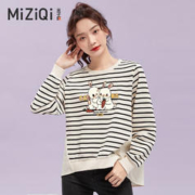 MIZIQI 米子旗 条纹圆领卫衣女春秋2024年新款韩版休闲宽松拼接上衣外套潮