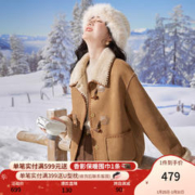 X.YING 香影 牛角扣麂皮绒外套女2023年冬季新款羊羔毛风皮毛一体短款大衣 驼色 M