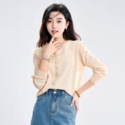 Kaleidom 珂蕾朵姆 柔美蕾丝木耳边V领针织衫女春新款休闲宽松百搭女上衣