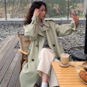 FOURDATRY 风衣女中长款2023秋装新款宽松双排扣风衣外套翻领韩版chic大衣潮 豆绿色 S