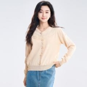 Kaleidom 珂蕾朵姆 柔美蕾丝木耳边V领针织衫女春休闲宽松百搭女上衣