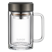 苏泊尔（SUPOR） 双层玻璃杯茶杯耐热防烫带把带手柄水杯商务办公男士过滤带盖杯子 450ML-乌木黑