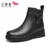 红蜻蜓 高帮妈妈靴2023秋款女鞋真皮百搭软底短靴 WTC33095黑色37