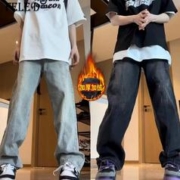 FELE·D 飞拉丹顿 FELED美式高街牛仔裤男秋冬季潮牌宽松直筒裤子男士加绒加厚长裤