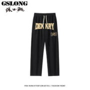 GSLONG 港士龙 美式国潮牌字母印花直筒卫裤男秋冬加绒加厚宽松抽绳休闲裤