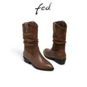 FED 尖头时装靴冬季新款靴子加绒中筒靴真皮堆堆靴女R1124-ZFA928