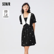 Semir 森马 连衣裙女撞色大翻领泡泡袖2023夏季新款绣花小黑裙少女感短裙