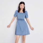 ochirly 欧时力 春装菱格泡泡袖牛仔连衣裙女