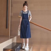 丝柏舍 2024春装新款女水洗背带裙搭短袖T恤两件套学院减龄套装