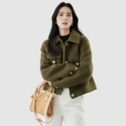 对白49%羊毛材质 女式衬衫领羊毛大衣