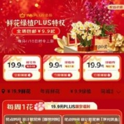 促销活动：京东 PLUS会员鲜花特权 每月尊享一次 9.9包邮定制鲜花/绿植