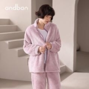 安之伴 睡衣情侣晚秋冬保暖雪花绒长袖立领简约多色女士家居服套装可外穿 浅灰紫-女 XXL