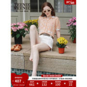 TEENIE WEENIE 小熊2023夏季新款撞色V字翻领提花短袖针织衫女 艳红色 165/M