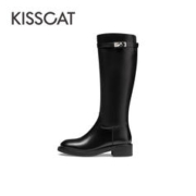 KISSCAT 接吻猫 2023冬季新款时尚气质真皮长筒靴增高加绒时装靴女