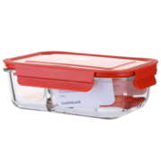 乐扣乐扣（LOCK&LOCK）格拉斯耐热玻璃保鲜盒 微波炉烤箱加热密封耐热玻璃 红色 分隔长方形 1.01L