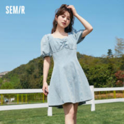Semir 森马 连衣裙女甜酷泡泡袖夏季2023新款时尚复古菱格提花牛仔裙潮流