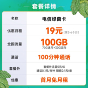 中国电信 电信流量卡5G手机卡不限速纯流量鲸鱼上网卡低月租电话卡梅花星元全国通用 绿茵卡19元月租100G+100分钟