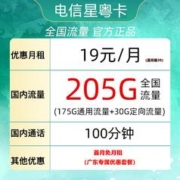 中国电信 星粤卡 半年19元月租（205G全国流量+100分钟通话） 广东用户专享