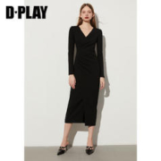 DPLAY 春法式风V领黑色腰部半圆侧捏褶设计弹力连衣裙长裙女 经典黑 S