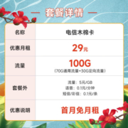 中国电信 电信流量卡5G手机卡 不限速上网卡电信星元卡星夏卡春晖卡低月租全国通用 木棉卡29元月租100G