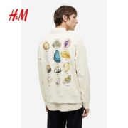 H&M HM男装卫衣2023冬季新品保暖加绒印花圆领内搭长袖套头衫0981416