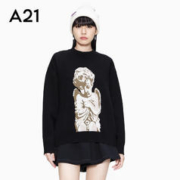 A21 美式复古时尚潮流女装提花独特套头针织衫长袖宽松休闲上衣女 黑色 M
