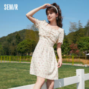 Semir 森马 连衣裙女收腰木耳边法式夏2023新款泡泡袖方领肌理碎花裙浪漫