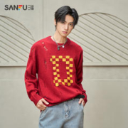 SANFU 三福 2023秋冬季新款毛衣男街头潮流字母打底衫破洞宽松圆领针织衫