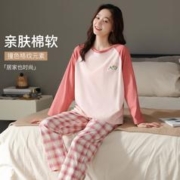 Autumndeer 秋鹿 春季纯棉圆领女士家居服柔软亲肤格纹女士睡衣套装